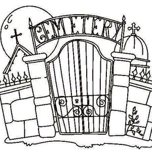Op de afbeelding: Een zwart-witte lijntekening van een begraafplaatspoort met een bord waarop "CEMETERY" staat. De poort is gemaakt van metalen staven en heeft een decoratief ontwerp. Aan weerszijden van de poort staan twee stenen pilaren, elk met een kruis erop. De tekening is geplaatst tegen een achtergrond van een volle maan.