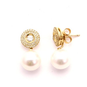 Yellow gold & diamonds Pearls Earrings, Diamond Pearl Earrings, Woman 14k Yellow Gold Earrings, Original Gift, Pearls earrings, gift for her