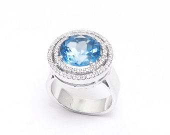Blue Topaz modern Diamond & gem stone ring, Blue Topaz round,  gold ring 14k white Gold , classic design, colorful ring, gift for her