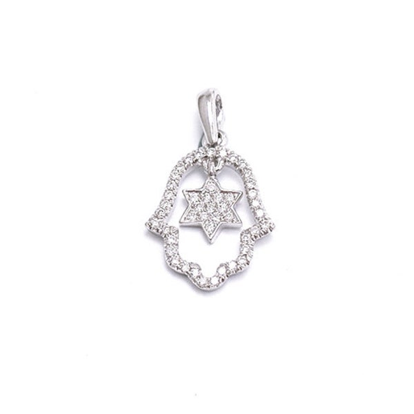 HAMSA Star of David pendant ,14K white Gold pendant, Diamond Pendant, Judaica, Charms, luck pendant,gift for luck & prosperity