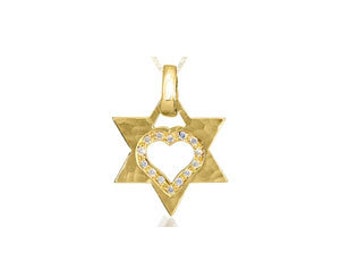 Jewish Star of David and  heart gold & diamonds pendant, 14K yellow gold pendant, white gold Star of David, Diamond Pendant, Judaica pendant