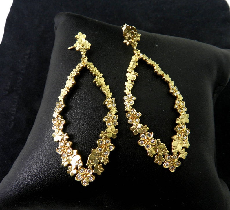 Gold & diamonds flowers Earrings, 14K yellow Gold Earrings, floral earrings , gift for her, spring present image 8