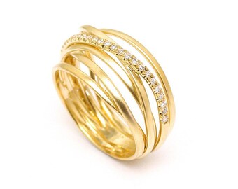 Diamond Criss Cross Half Eternity Pave Ring, Multi-Strand Chunky Gold Band, Dainty Multi Layer Thumb Ring, Luxurious Gift for Her, goopss.