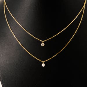 14K Gold Double Diamond Necklace, Delicate Gold Chain, Multi Strand Solitaire Necklace, Minimalist Layering Jewelry, Gift for Her