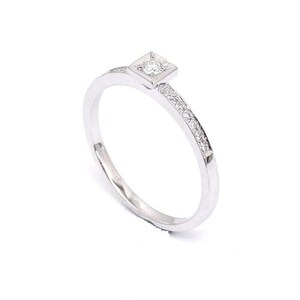 14K White Gold Diamond Solitaire Ring, Half Eternity Minimalist Band, Classic Engagement Ring, Proposal Ring for Her