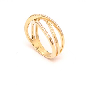 14K Gold Diamond Ring, Dainty Bypass Ring, Solid Gold Promise Ring, Half Eternity Pave Ring, Wedding Jewelry, Gift for Her