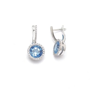 14k White Gold Blue Topaz Diamond Halo Earrings, Elegant Gemstone Dangle Earrings, Fine Jewelry Gift
