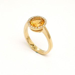 14K Yellow Gold Citrine Ring, Natural Diamond Halo Accent, Custom Size, Round Yellow Gemstone Ring, Birthday Gift for Wife
