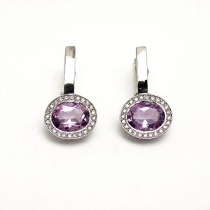 14k White Gold Amethyst Diamond Drop Earrings, Halo Oval Birthstone Jewelry, Genuine Round Cut 0.3ct, Gift for Her