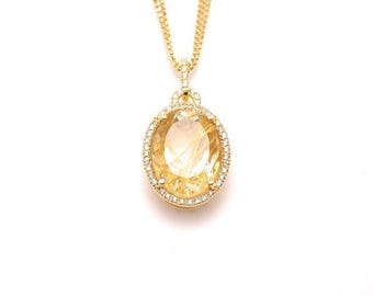 Elegant Natural Citrine and Diamond Oval Pendant 14K Yellow Gold Bridal Jewelry