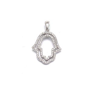 14K White Gold Double Hamsa Pendant with Natural Diamonds, Outline Open Hand Good Luck Jewelry, Protection Amulet for Women