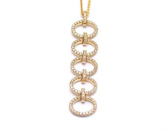 14K Gold Diamond Pendant, Delicate Yellow Gold Circle Necklace, Long Round Linked Jewelry, Statement Gift for Her