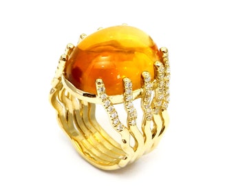 Modern Diamond & gem stone ring, Citrine cab,  gold ring 14k Yellow Gold , special design