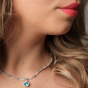 14K White Gold Blue Topaz Necklace, Diamond Halo Pendant, Amethyst Jewelry, Station Necklace, By The Yard Necklace, Anniversary Gift