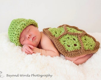 Crochet Newborn Baby Hat and Cuddle Critter Set Turtle Photo Prop