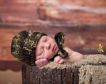 Crochet Newborn Baby Camo Military Hat and Bow tie Set