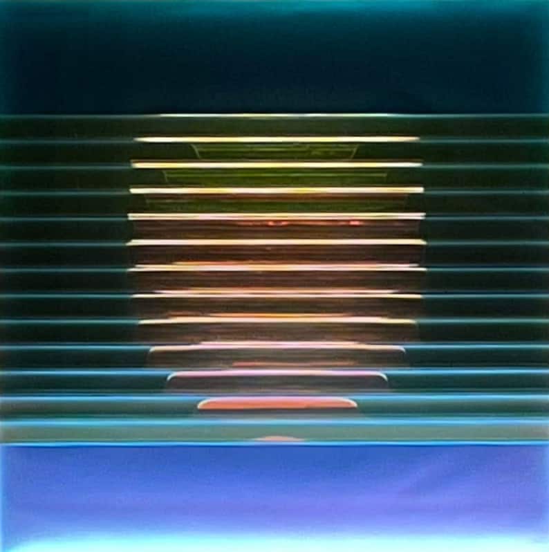 May include: An abstract image featuring horizontal lines in shades of blue, green, and orange. The lines create a layered effect, with the orange lines appearing to be behind the blue and green lines.
