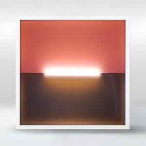 May include: A white framed artwork with a red and brown background. A white light shines across the middle of the artwork.