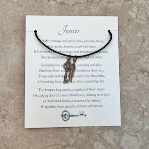 Bronze Key and Feather Charm Necklace for Junior Girls, Scouts, Bridging Ceremony Gift