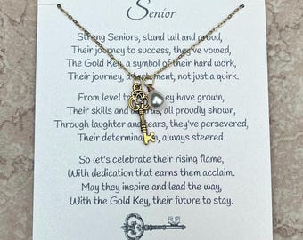 Gold Key and Pearl Charm Necklace for Seniors, Ceremony Gift