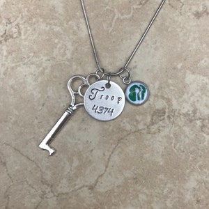 Girl Scout Bridging to Cadette Silver Key Necklace with trefoil charm