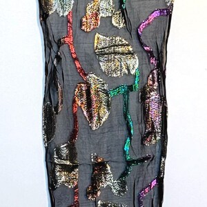 Vintage Sheer Black Scarf with Purple, Gold, Red and Green metallic leaves and vines.