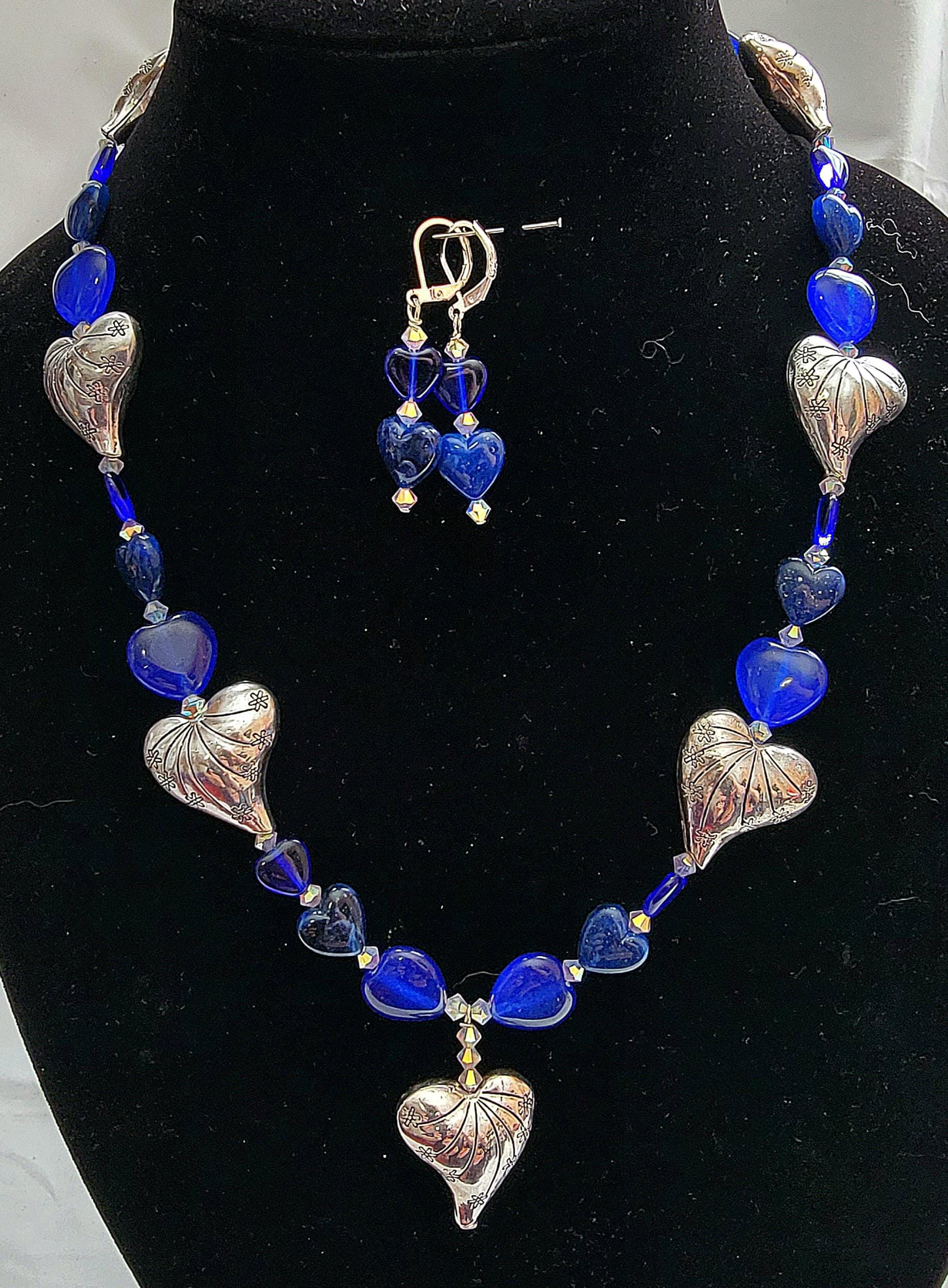 Ensemble Bijoux Coeur Bleu - Collier Et Boucles D'oreilles, Alliage, Qualité, Neuf Avec étiquettes