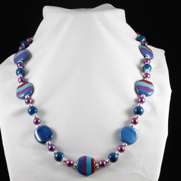 Blue, Purple and Maroon Kazuri Bead Necklace with Silver, Glass and Ceramic Beads