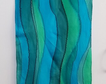 Hand Painted Silk scarf of Greens and Blues