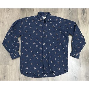 Vintage 80s Gap Hunter and Dog Pattern Button Down Shirt Blue Mens Large