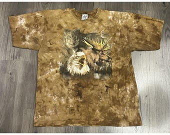 Vintage Tie Dye Animal T Shirt XL Bald Eagle Wolf Moose Lke Brown - Stains