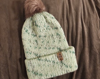 White Sage Beanie | Winter Beanie | Slouchy Beanie | Adult size | Knitting Machine | Pompom | Handmade | Winter Hat |  Unique Gift