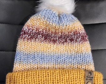Winter Wonderland Knit Beanie | Knitting Machine Beanie | Handmade | Winter Gift, | Striped Beanie | Beanie with Pom Pom | Cozy Hat