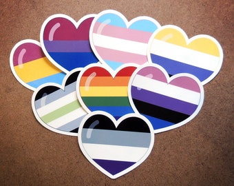 LGBTQ+ and non-binary flag hearts, weatherproof vinyl decal, sticker.