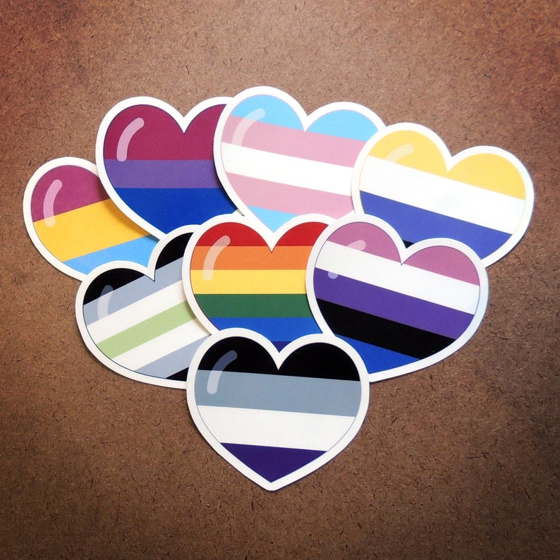 LGBTQ and non-binary flag hearts, weatherproof vinyl decal, sticker. image 1