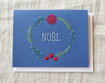 Christmas Wreath - Embroidered Card with Noel