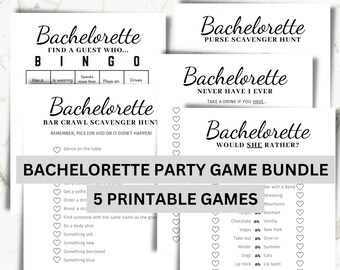 May include: A bundle of five printable bachelorette party games. The games include a bingo game, a purse scavenger hunt, a "never have I ever" game, a bar crawl scavenger hunt, and a "would she rather" game. The games are printed on white paper with black text.