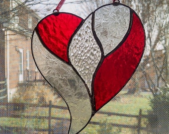 Stained Glass Heart Suncatcher, Red and Clear, Valentines Day Gift, Unity Heart Ornament, Mother's Day Gift, Anniversary Gift, Wedding, Love