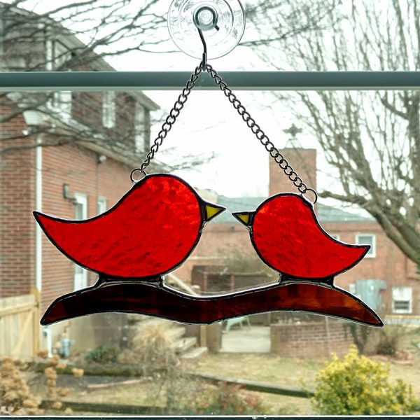 Stained Glass Bird Suncatcher, Birds on a Branch, Momma and Baby Birds, Red Bird, Cardinal, Bird Lover Gift