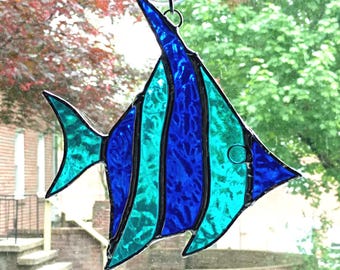 Stained Glass Angel Fish Suncatcher, Blue Fish Tropical Beach Decor Ornament
