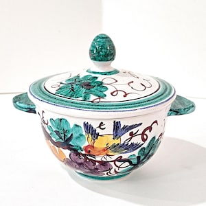 Vintage Hand Painted Italian Majolica Ceramic Covered Bowl, Bird, Grapes, and Floral Design, PV Peasant Village Italy Pottery, Sugar Bowl