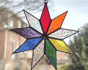 Stained Glass Rainbow Nine Pointed Star Suncatcher, Baha'i Spiritual Symbol