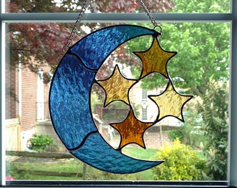 Moon and Stars Stained Glass Suncatcher, Celestial Decor, Stained Glass Moon, Housewarming Gift