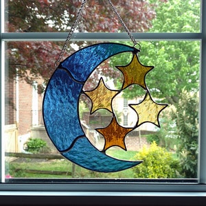 Moon and Stars Stained Glass Suncatcher, Celestial Decor, Stained Glass Moon, Housewarming Gift