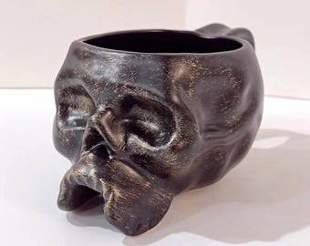 Vintage Williams Sonoma Black Skull Ceramic Mug, Halloween Coffee Tea Mug