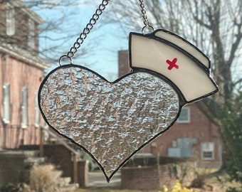 I Love Nurses Stained Glass Suncatcher, Heart With Nurse's Cap