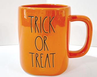 Vintage Rae Dunn Trick or Treat Halloween Oversized Ceramic Coffee Tea Mug, Orange Pumpkin Face Mug