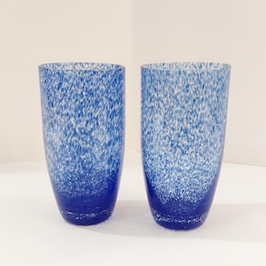 Vintage Blue Splatter Glass Tumblers, Set of Two, 16 Ounce Drinking Glasses