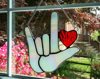 ASL I Love You Stained Glass Suncatcher, Sign Language Love, Rainbow Iridescent Glass, Wedding Gift, Deaf Hearing Impaired Gift