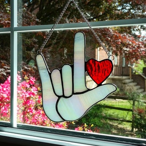 ASL I Love You Stained Glass Suncatcher, Rainbow Iridescent Glass, Sign Language Love Deaf Hearing Impaired Gift